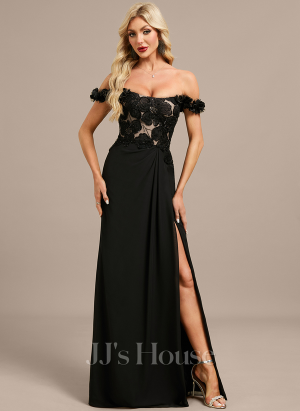A-line Square Off the Shoulder Floor-Length Chiffon Lace Evening Dress With Beading 3D Floral