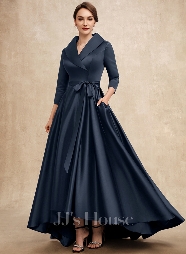 A-line V-Neck Collared Asymmetrical Satin Mother of the Bride Dress With Bow