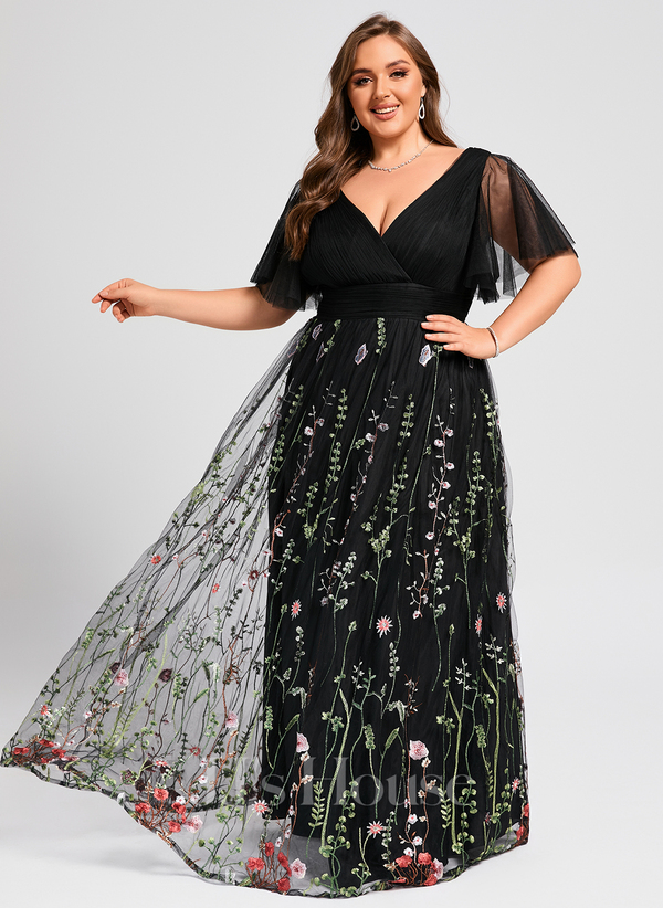 A-line V-Neck Floor-Length Tulle Floral Lace Evening Dress With Pleated